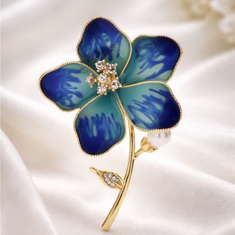 Blue Floral Gold Brooch